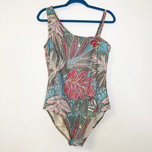 Coastal Blue Tropical Summer Resort One Piece Swimsuit Asymmetrical Strap Size L